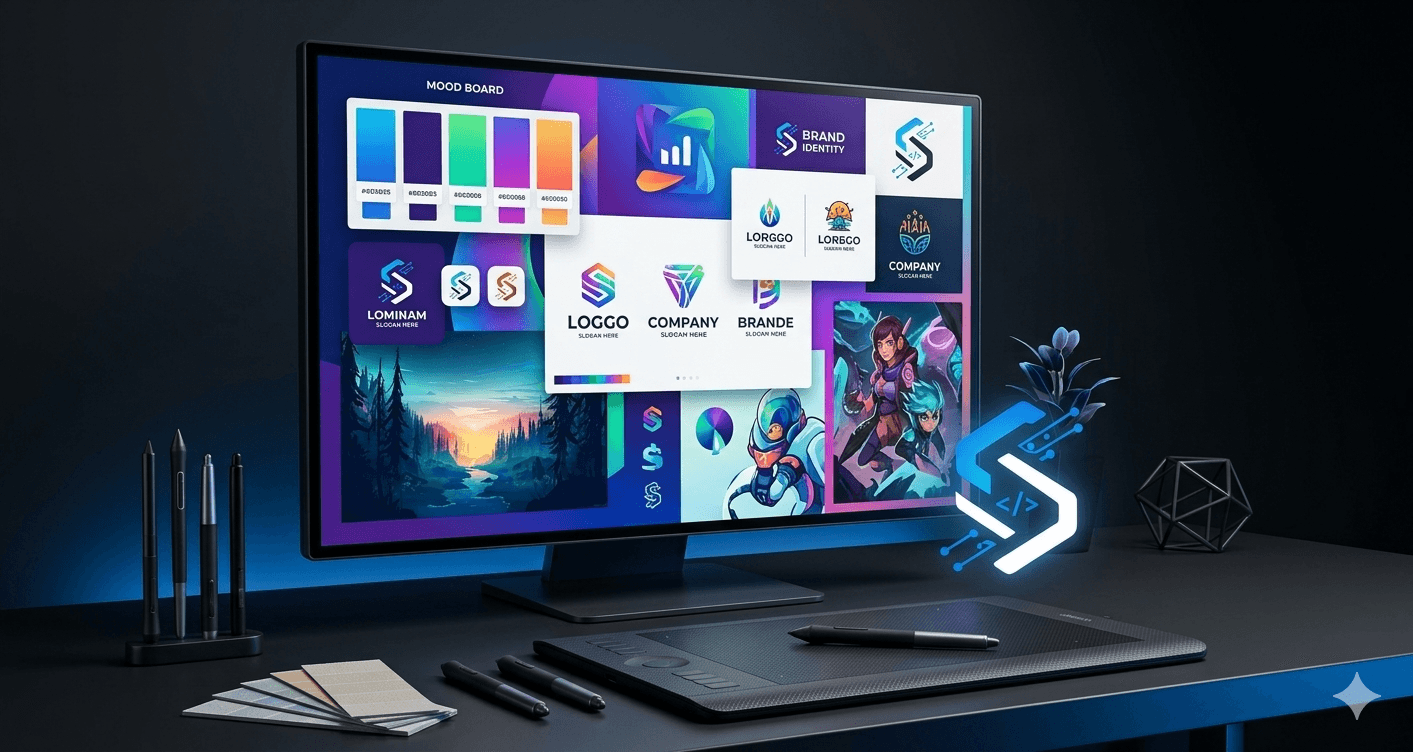 Brand and interface design board on monitor